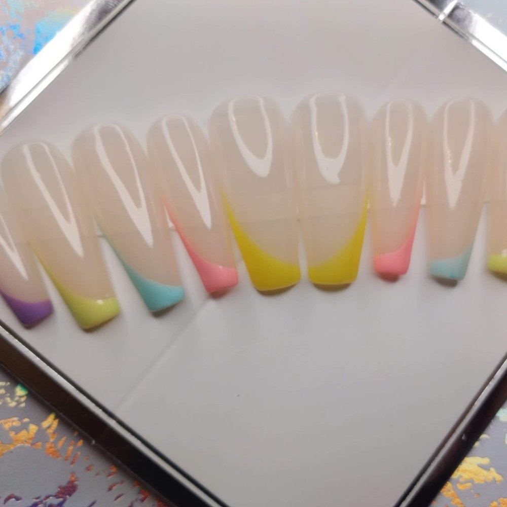 Nude multi colored pastel tipped luxury nails